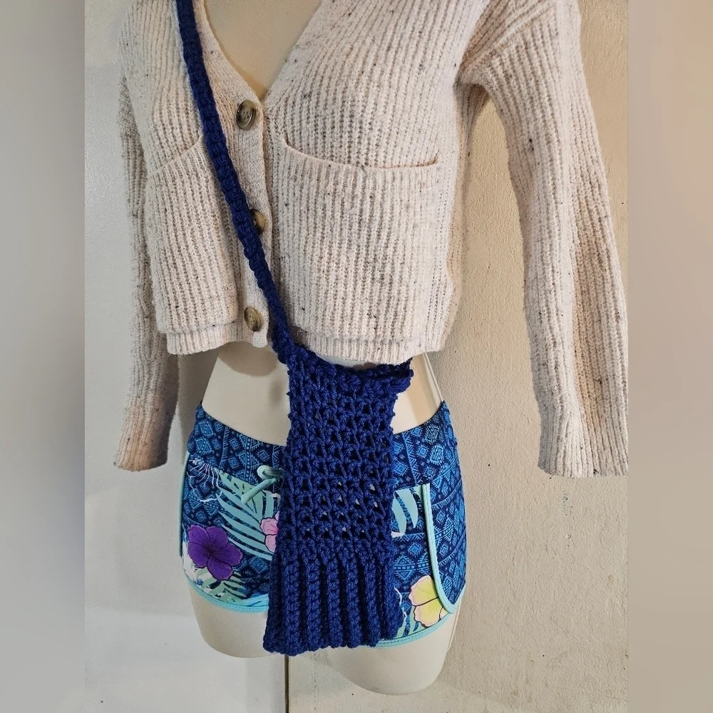 Hand Crafted hand knit crochet cellphone crossbody bag boho style electric blue
